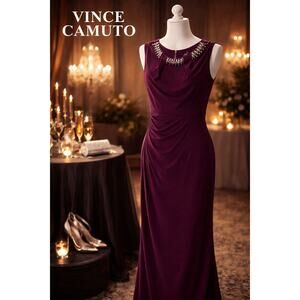 Vince Camuto Plum Embellished Neck Dress Sleeveless Cocktail Party Dress Elegant